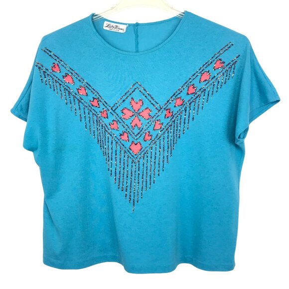 Lucky Winner Vtg Knit Top Large Sparkly Beaded Pattern Southwestern Glam Rodeo - Picture 1 of 9